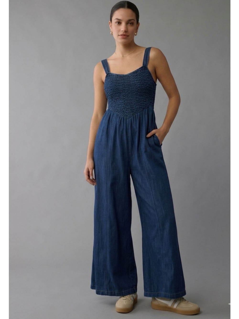 American Eagle Smocked Denim Sweetheart Wide Leg Jumpsuit XS EUC